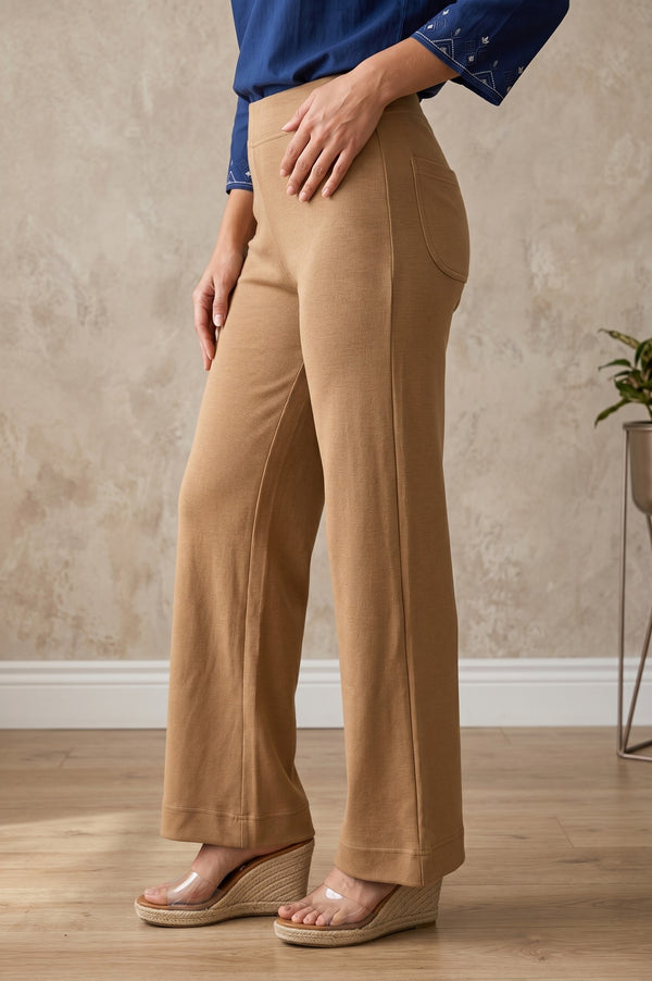 Dark Beige Solid Cotton Blend Relaxed Fit Wide Leg Ankle Length Mid Rise Pants