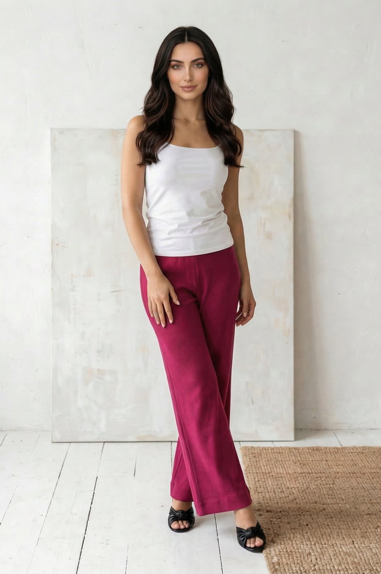 Magenta Solid Cotton Blend Ankle Length Flared Pants