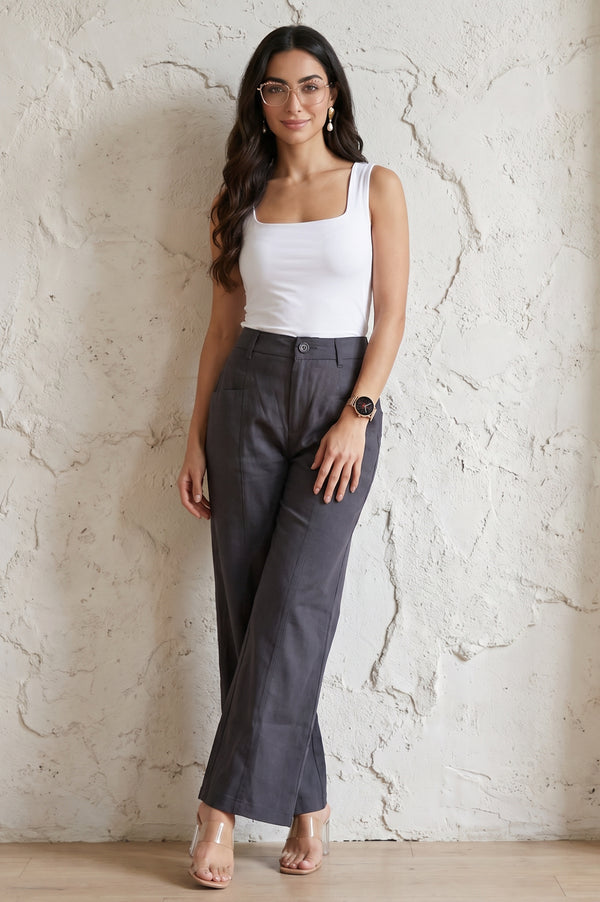 Charcoal Solid Cotton Linen Ankle Length Boss pant