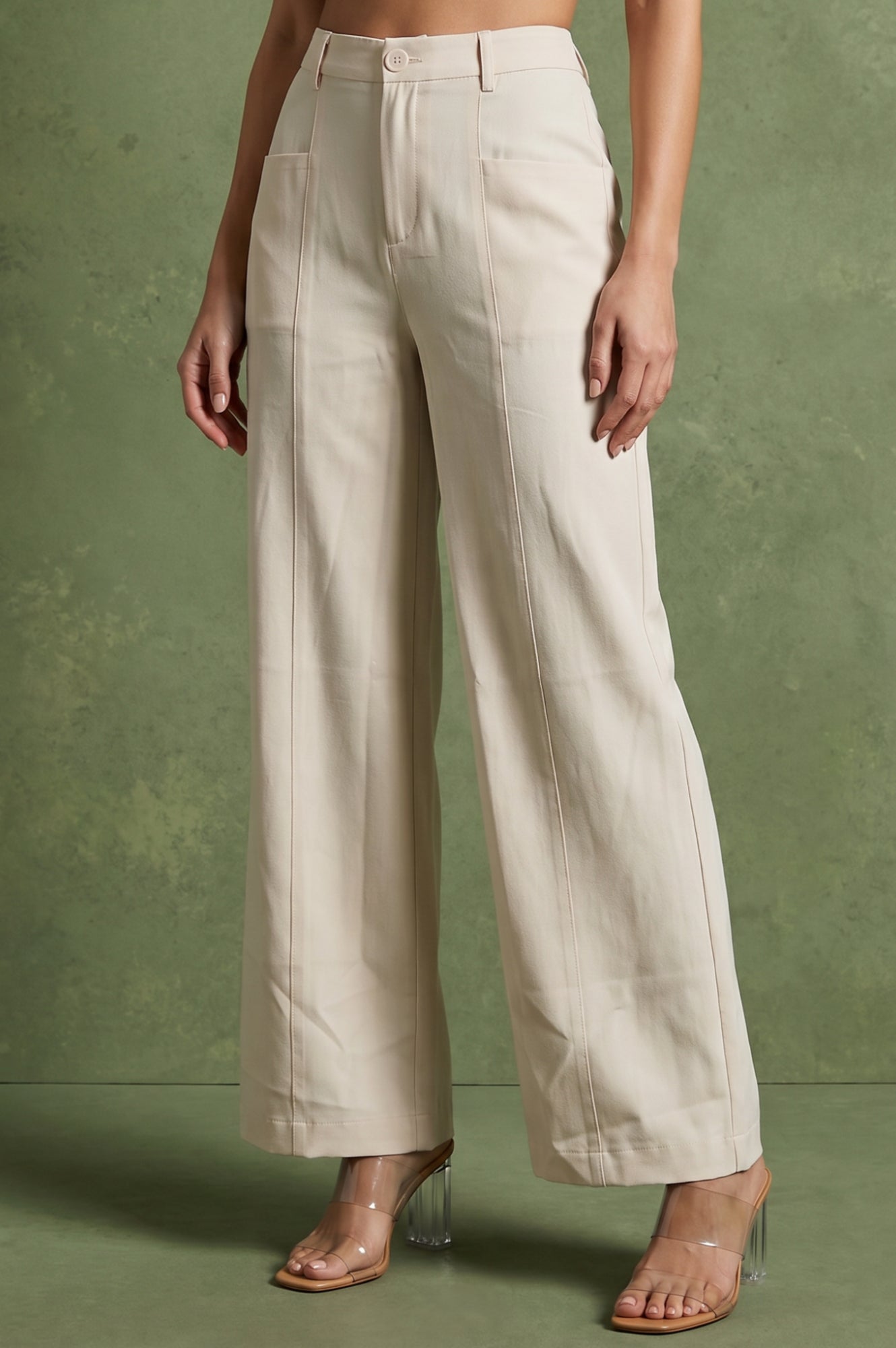 Cream High Rise Wide-Leg Ankle Length Pants
