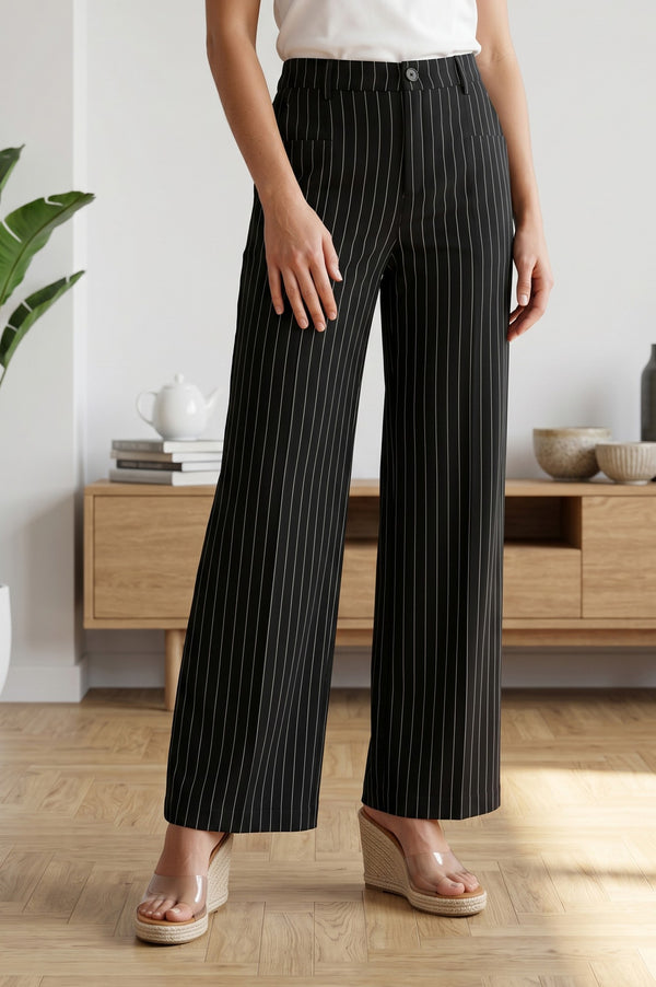 Black Pinstriped Wide-Leg Ankle length Pants