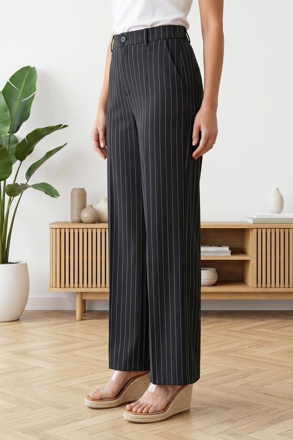 Black Pinstriped Wide-Leg Ankle length Pants