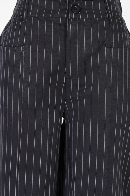 Black Pinstriped Wide-Leg Ankle length Pants