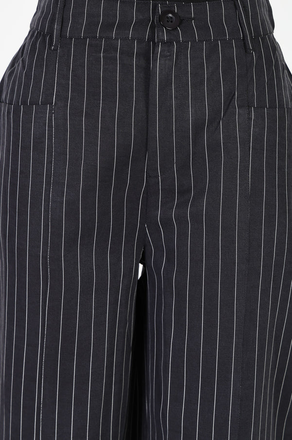 Black Pinstriped Wide-Leg Ankle length Pants