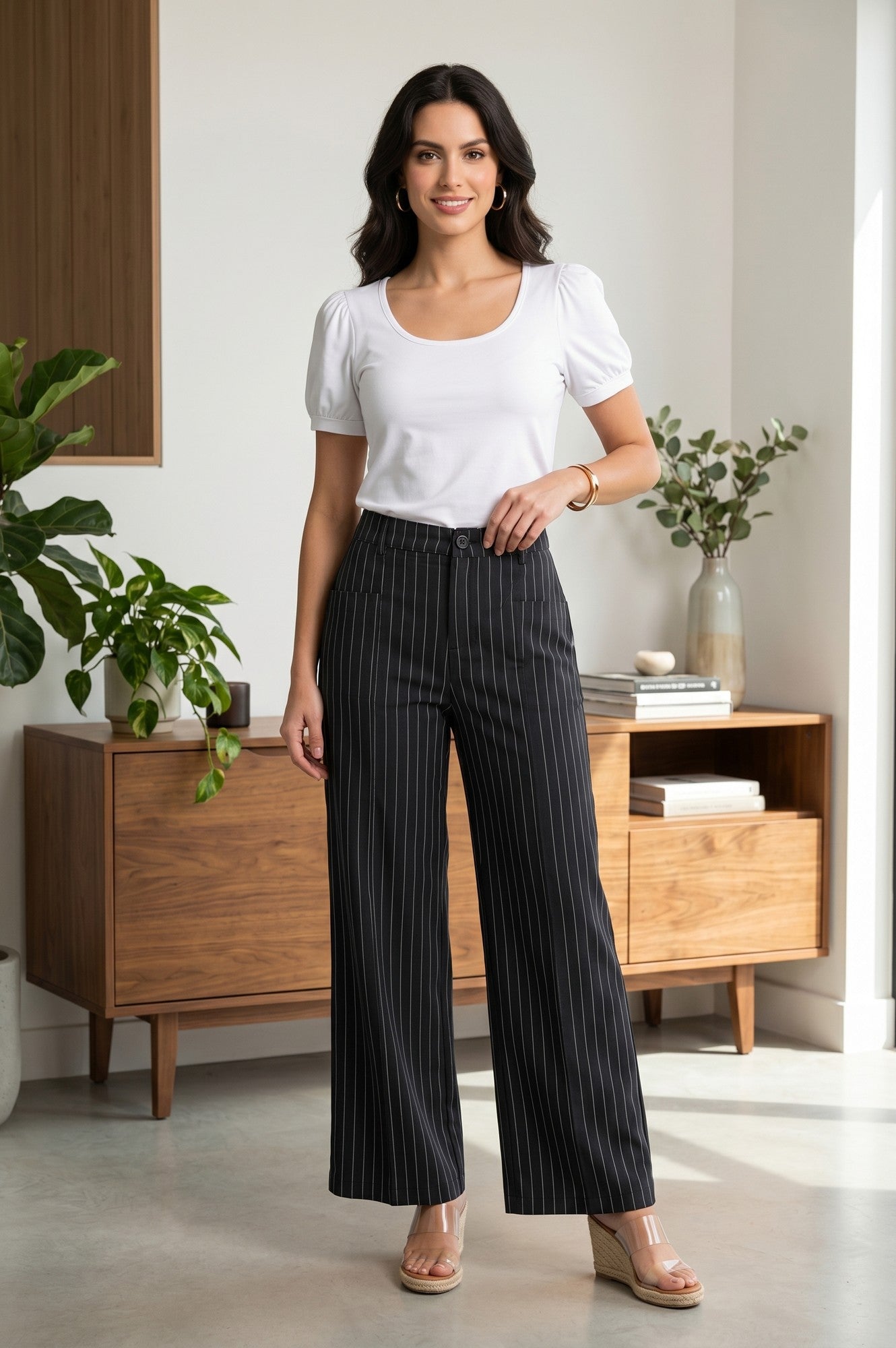 Black Pinstriped Wide-Leg Ankle length Pants