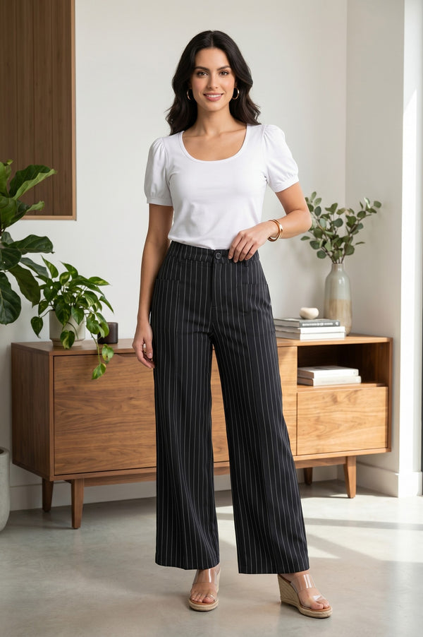 Black Pinstriped Wide-Leg Ankle length Pants