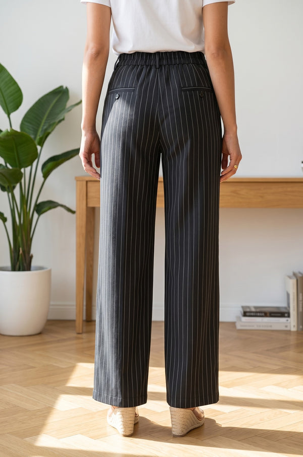 Black Pinstriped Wide-Leg Ankle length Pants