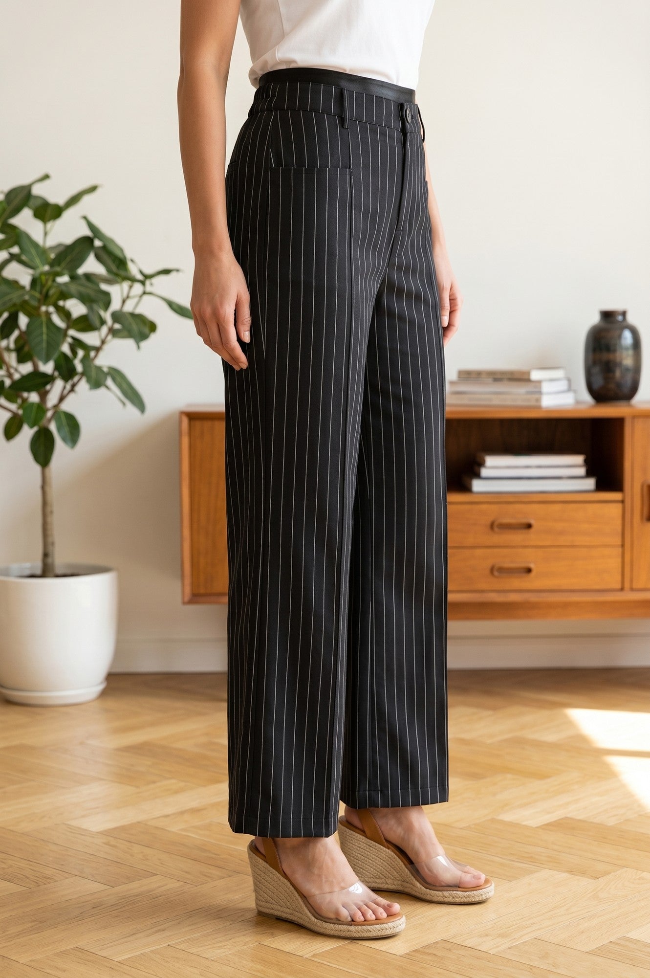 Black Pinstriped Wide-Leg Ankle length Pants