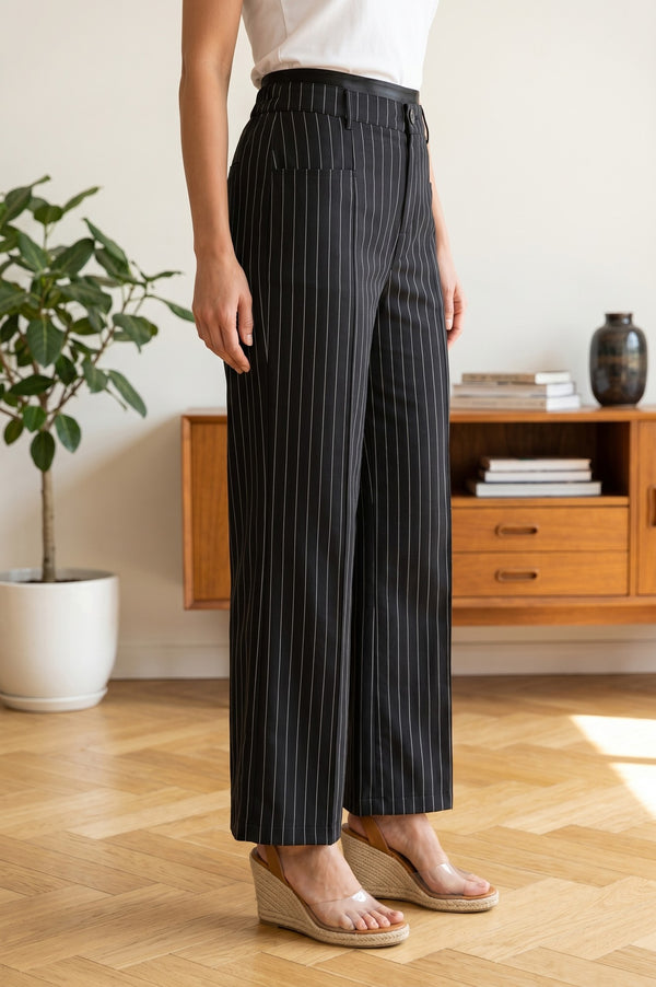 Black Pinstriped Wide-Leg Ankle length Pants