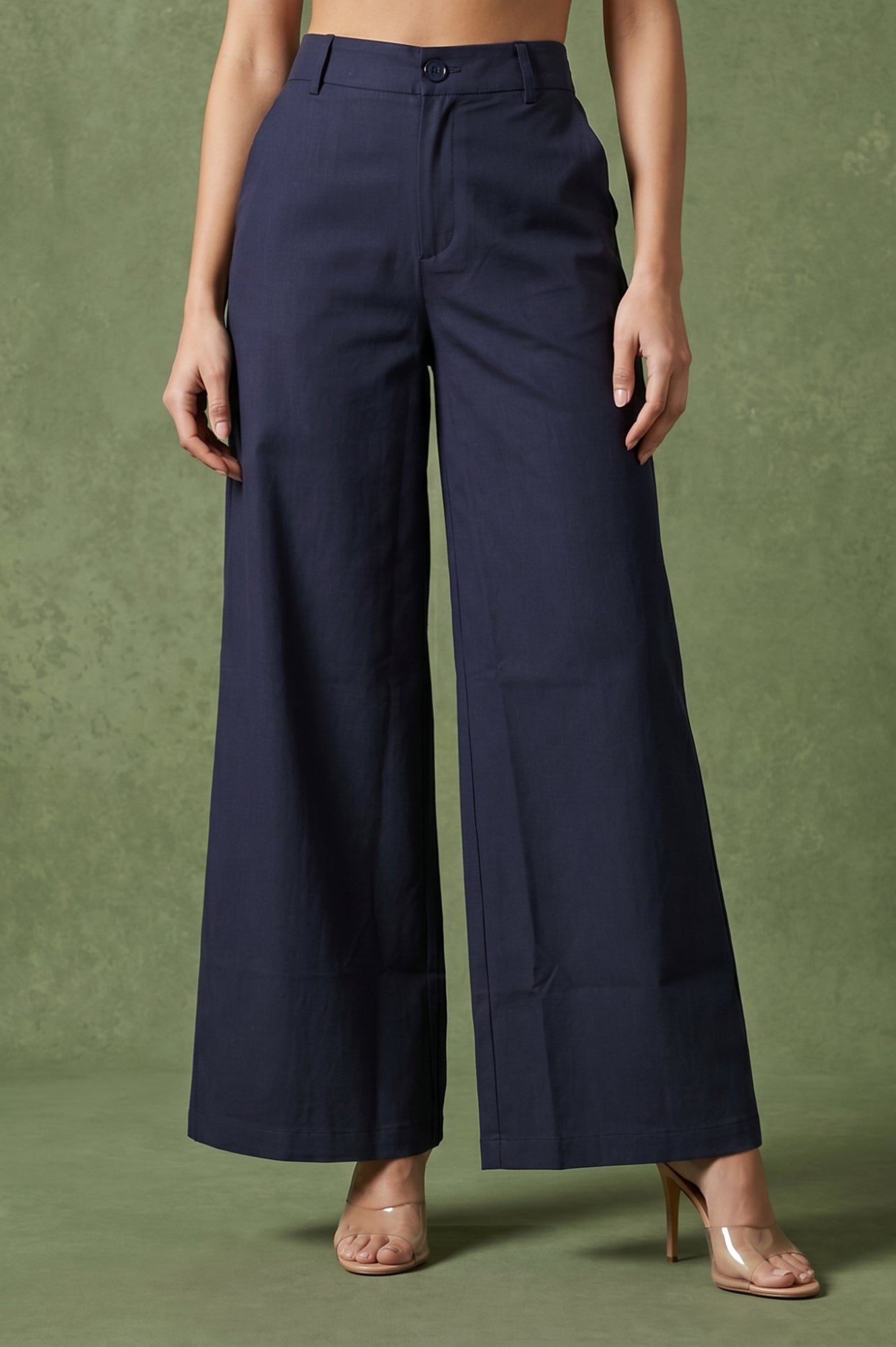 Navy Blue Wide-Leg Ankle Length Pants