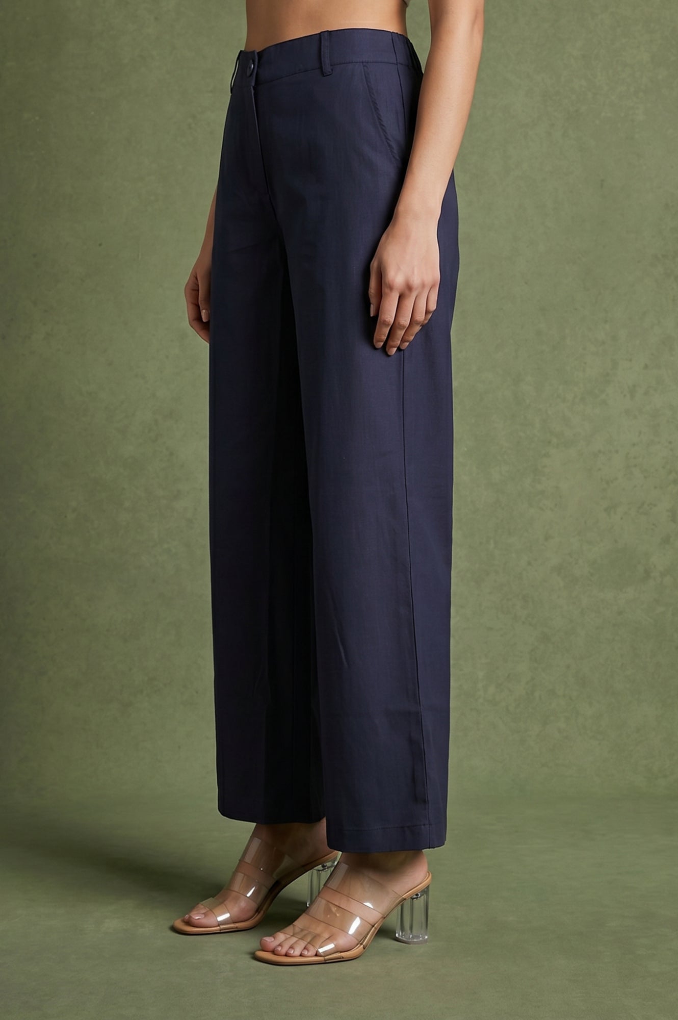 Navy Blue Wide-Leg Ankle Length Pants