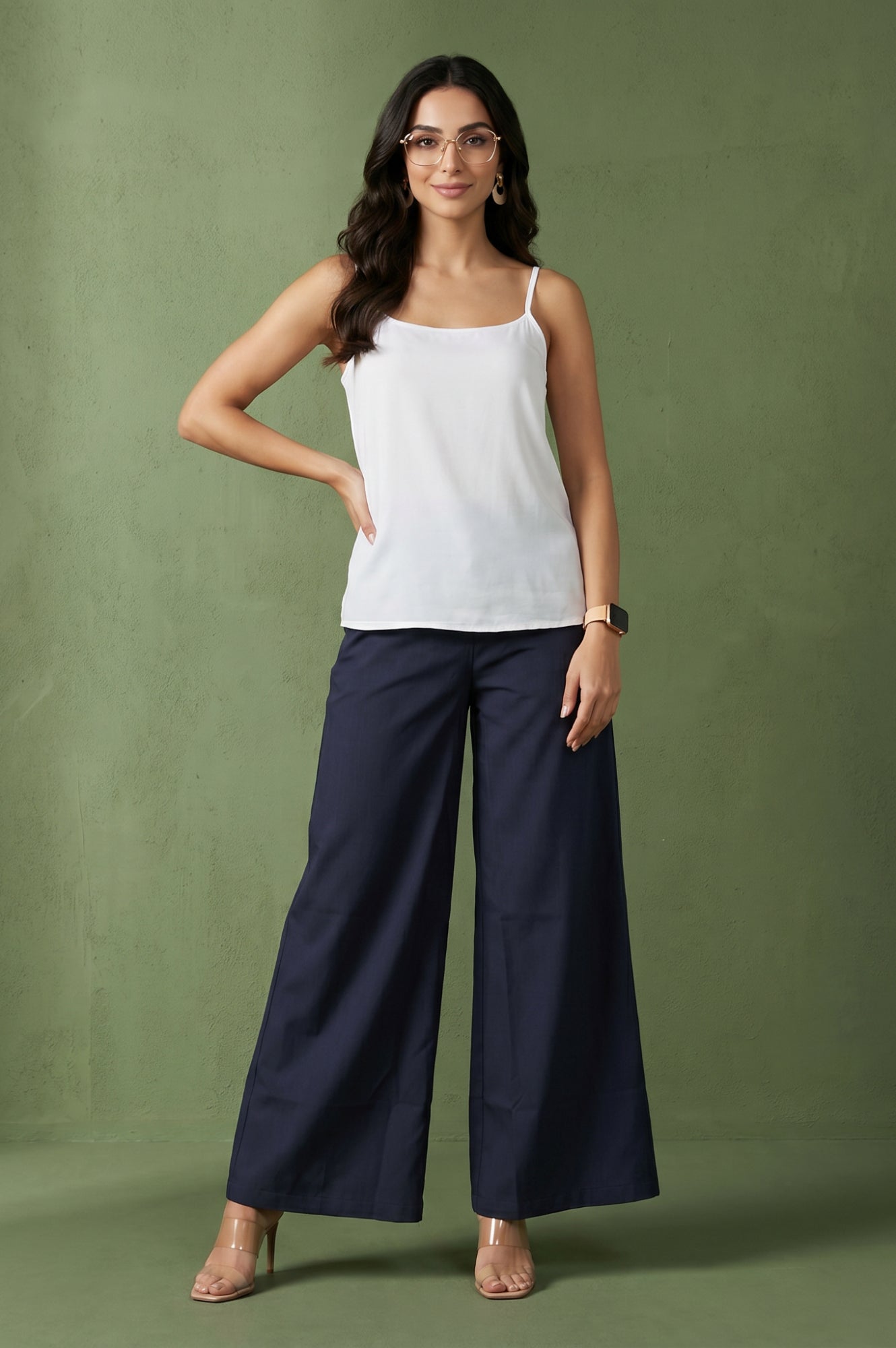 Navy Blue Wide-Leg Ankle Length Pants