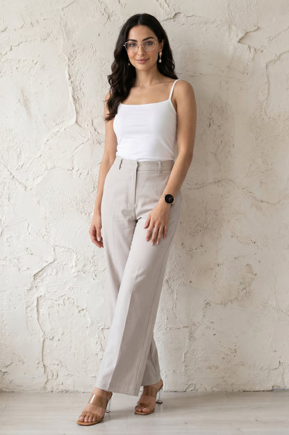 Beige Solid Ankle Length High Rise Boss pant