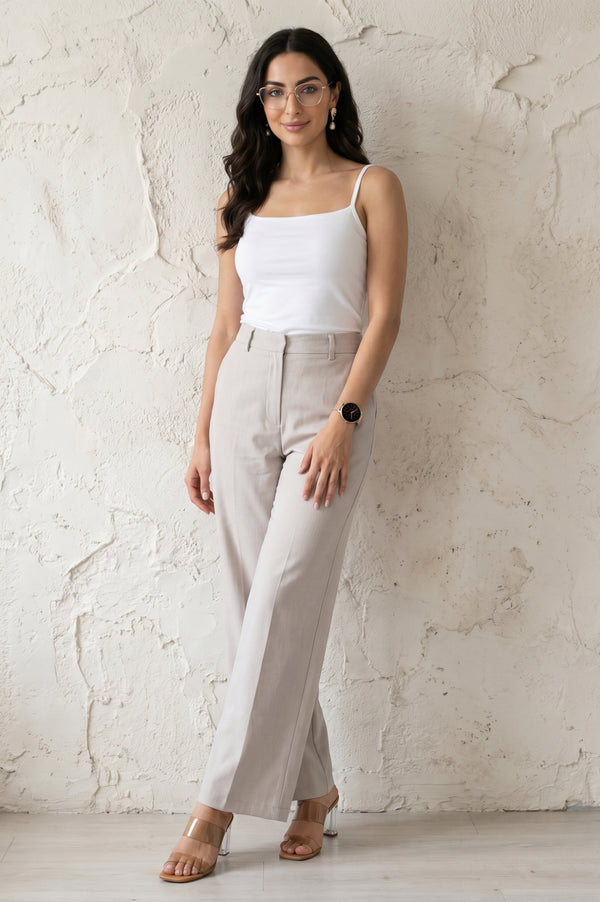 Beige Solid Ankle Length High Rise Boss pant