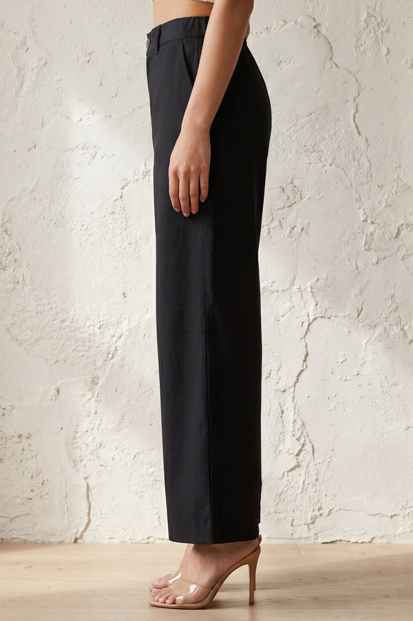 Black Solid Wide Leg Ankle Length Boss pant