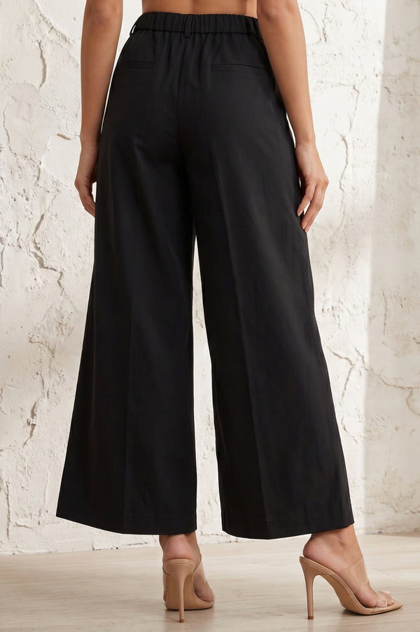 Black Solid Wide Leg Ankle Length Boss pant