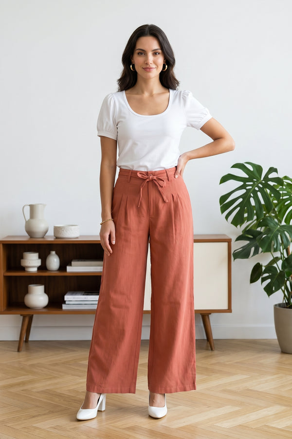 Rust High Rise Wide-Leg Ankle Length Pants