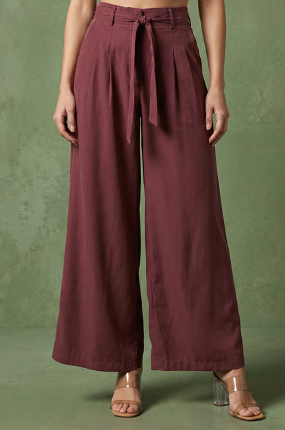 Maroon High Rise Wide-Leg Ankle Length Pants