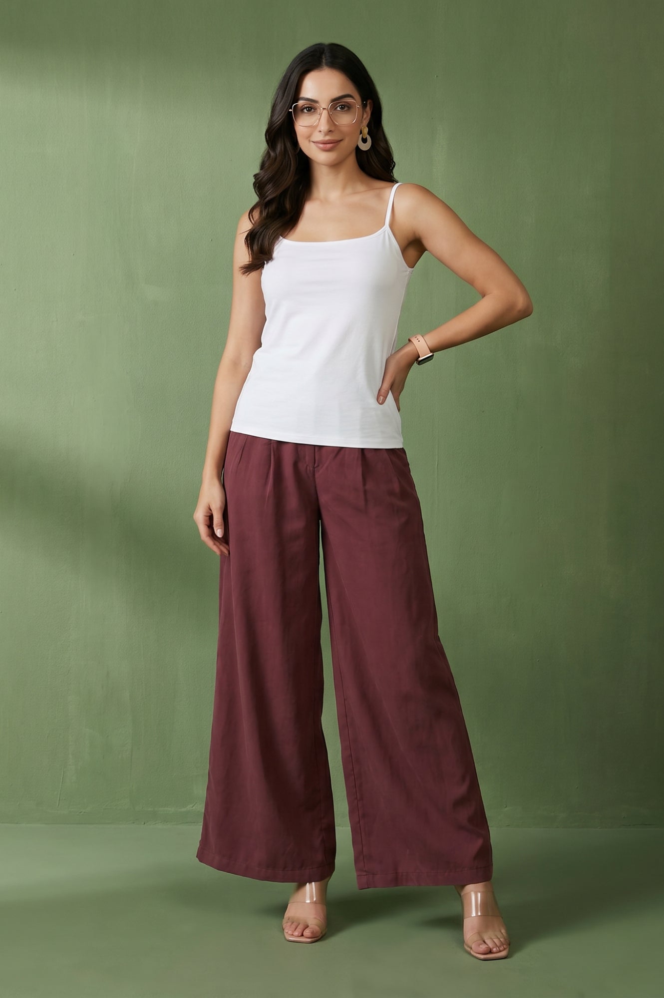 Maroon High Rise Wide-Leg Ankle Length Pants