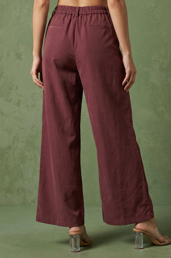 Maroon High Rise Wide-Leg Ankle Length Pants
