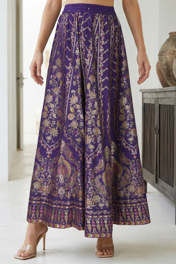 Purple Ethnic Motifs Crepe Wide Leg Ankle Length Skirt
