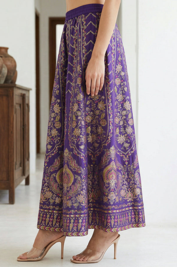Purple Ethnic Motifs Crepe Wide Leg Ankle Length Skirt