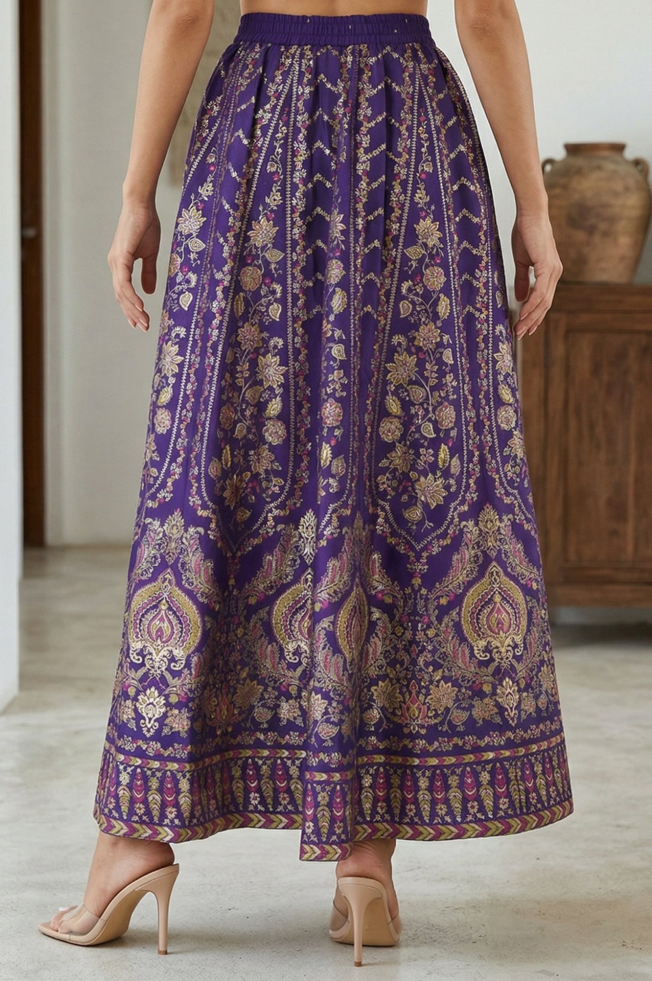 Purple Ethnic Motifs Crepe Wide Leg Ankle Length Skirt