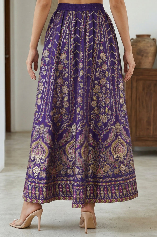 Purple Ethnic Motifs Crepe Wide Leg Ankle Length Skirt