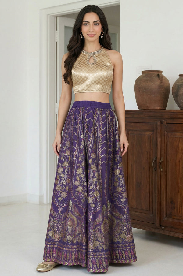 Purple Ethnic Motifs Crepe Wide Leg Ankle Length Skirt