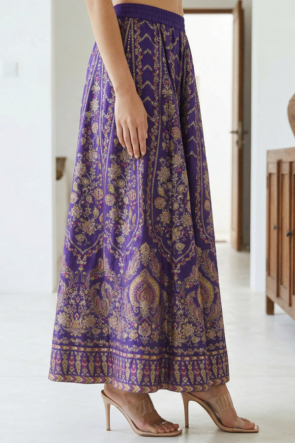 Purple Ethnic Motifs Crepe Wide Leg Ankle Length Skirt