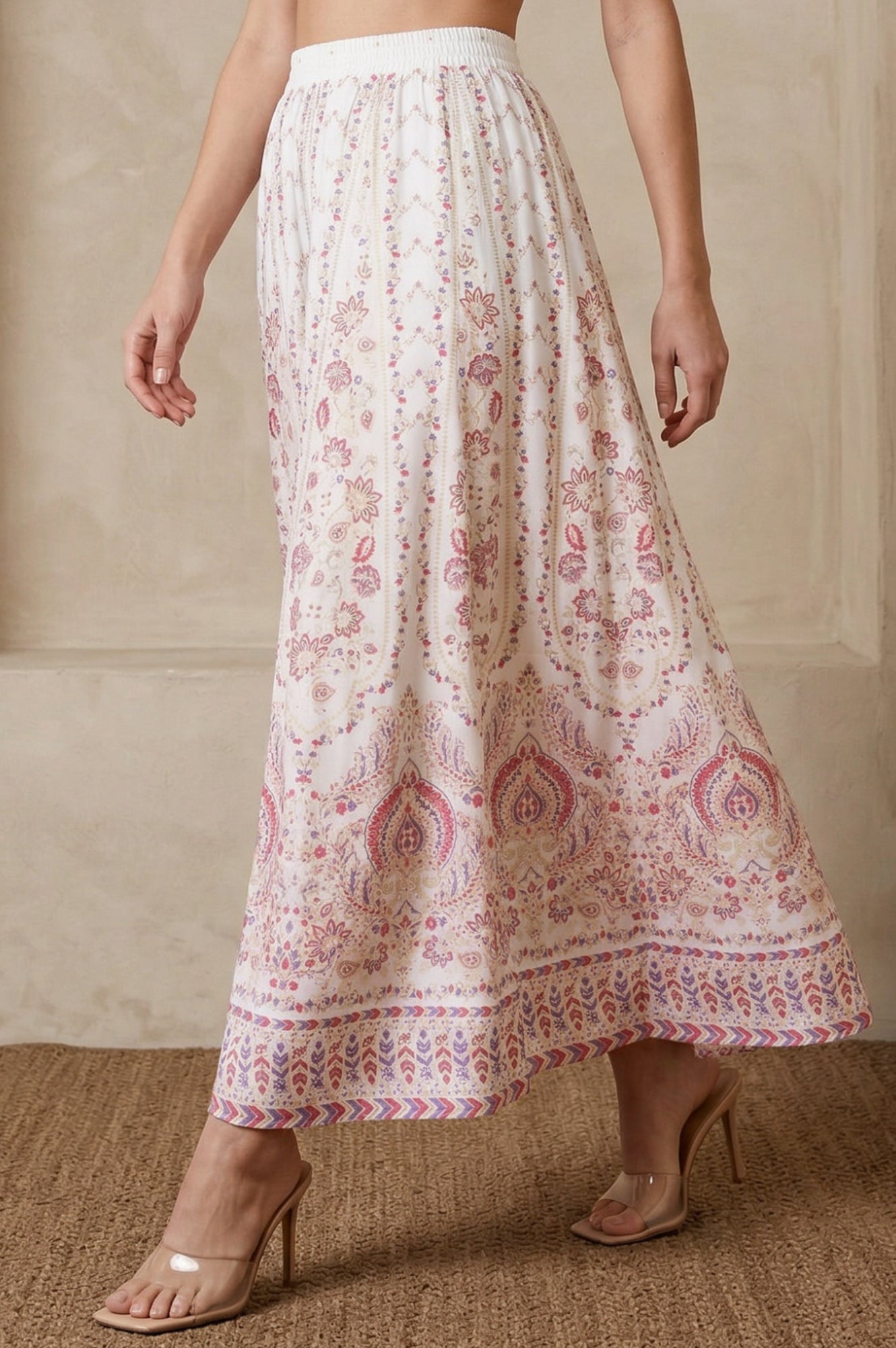 White Ethnic Motifs Foil Printed Crepe Flared Ankle Length Skirt