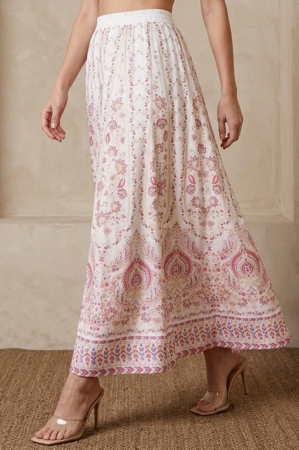 White Ethnic Motifs Foil Printed Crepe Flared Ankle Length Skirt