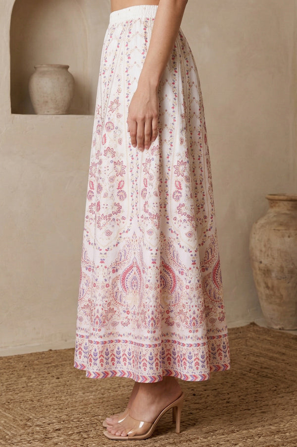 White Ethnic Motifs Foil Printed Crepe Flared Ankle Length Skirt