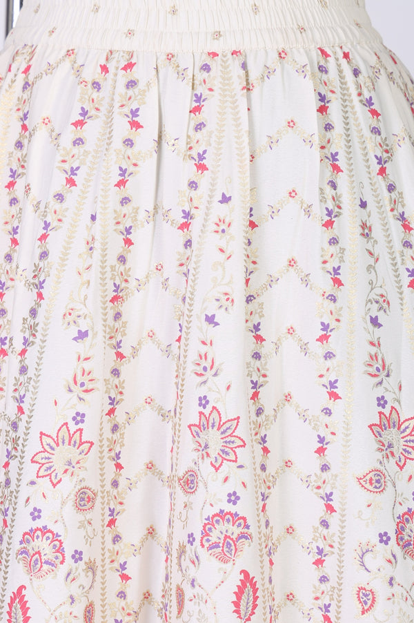 White Ethnic Motifs Foil Printed Crepe Flared Ankle Length Skirt