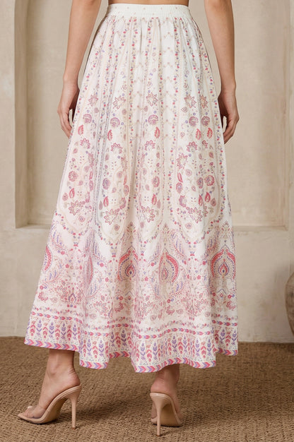White Ethnic Motifs Foil Printed Crepe Flared Ankle Length Skirt