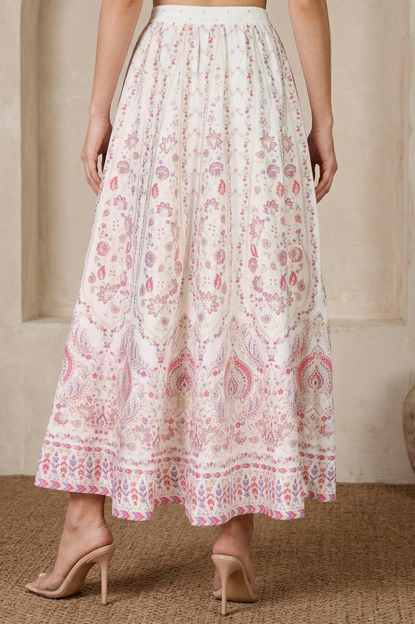 White Ethnic Motifs Foil Printed Crepe Flared Ankle Length Skirt