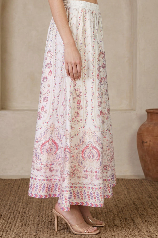 White Ethnic Motifs Foil Printed Crepe Flared Ankle Length Skirt