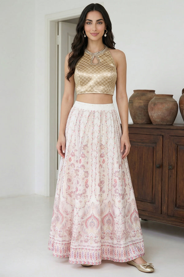 White Ethnic Motifs Foil Printed Crepe Flared Ankle Length Skirt