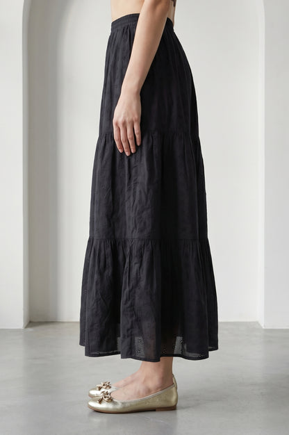 Black Schiffli Pure Cotton Flared Skirt