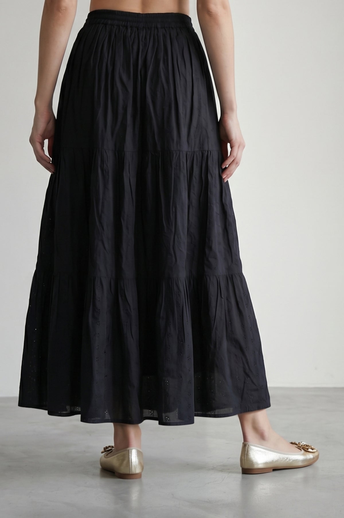 Black Schiffli Pure Cotton Flared Skirt