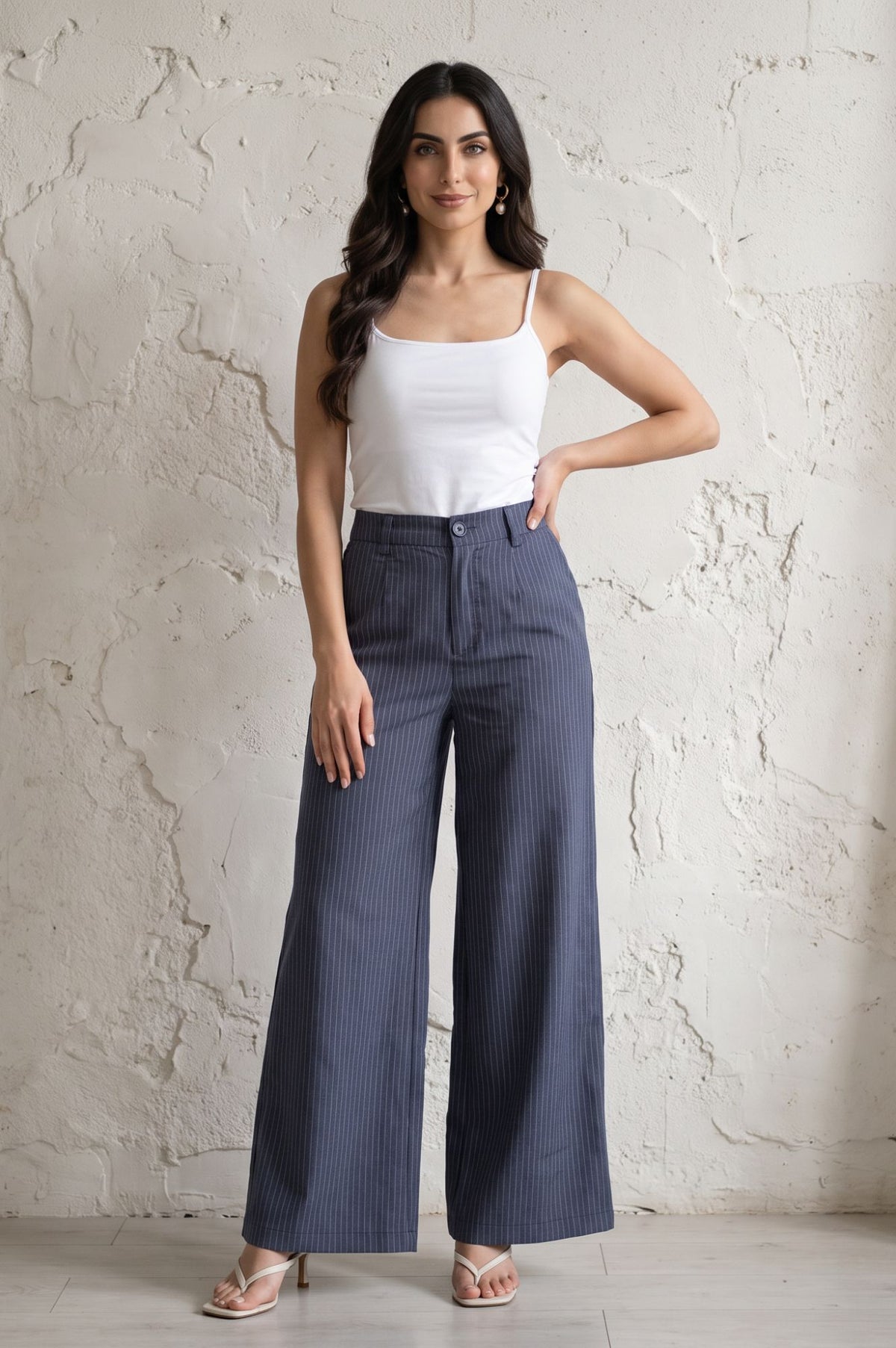Navy Blue Striped Pinstripe Buttons Wide Leg Floor Length High Rise Pants