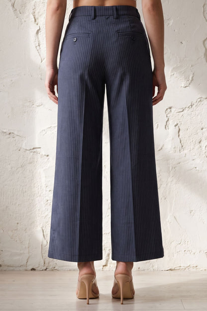 Navy Blue Striped Pinstripe Buttons Wide Leg Floor Length High Rise Pants