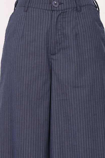 Navy Blue Striped Pinstripe Buttons Wide Leg Floor Length High Rise Pants