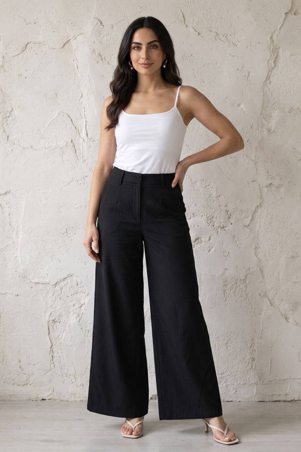 Black Solid Buttons Wide Leg Floor Length High Rise PANTS
