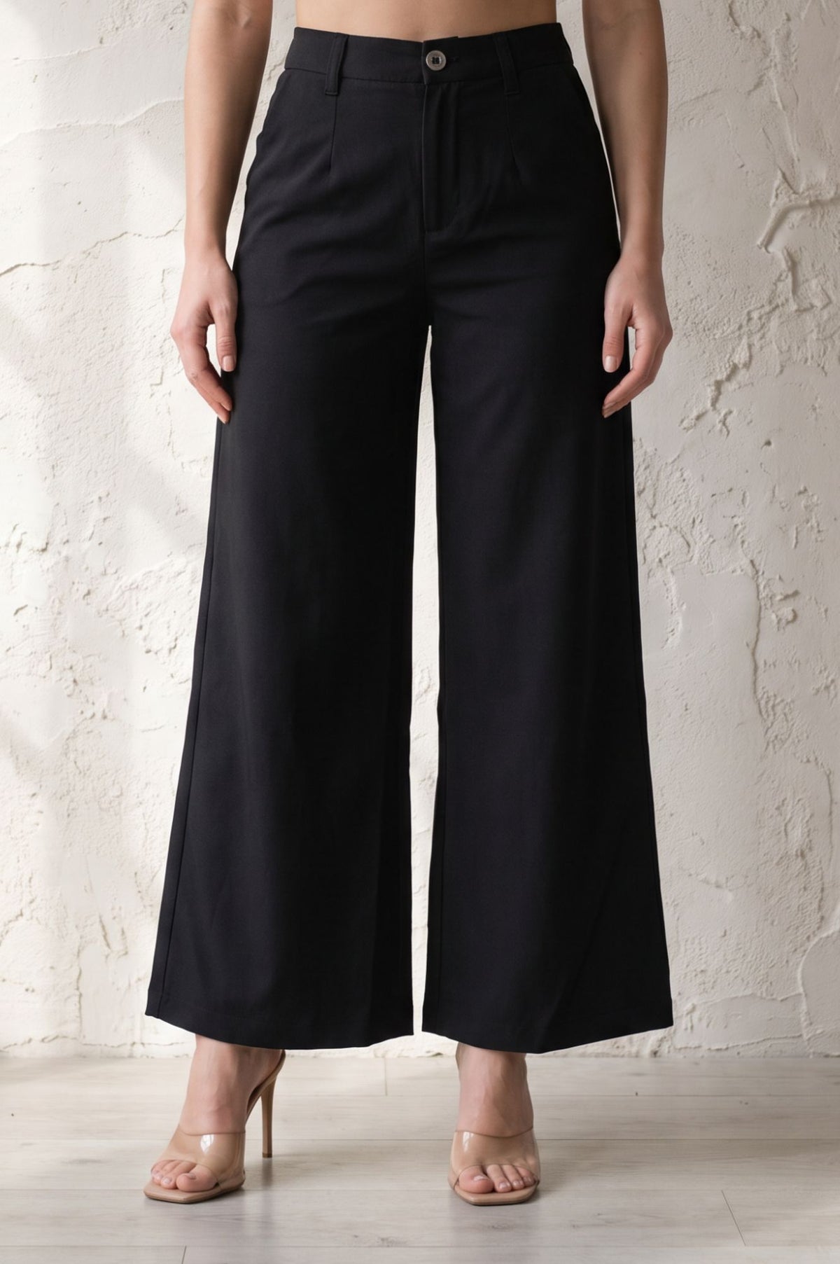 Black Solid Buttons Wide Leg Floor Length High Rise PANTS