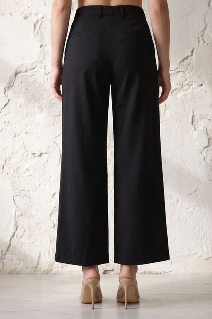 Black Solid Buttons Wide Leg Floor Length High Rise PANTS