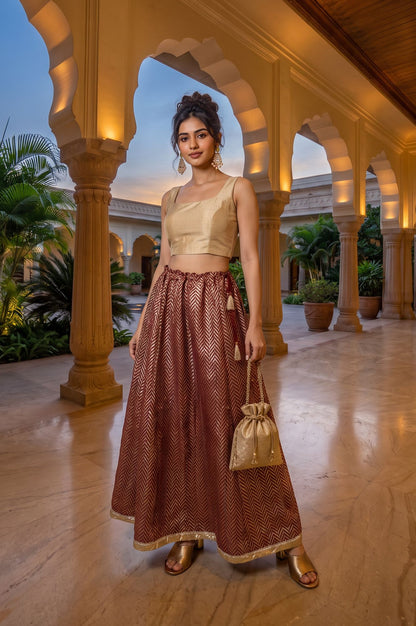 Maroon Foil Printed Flared Ankle Length Skirt