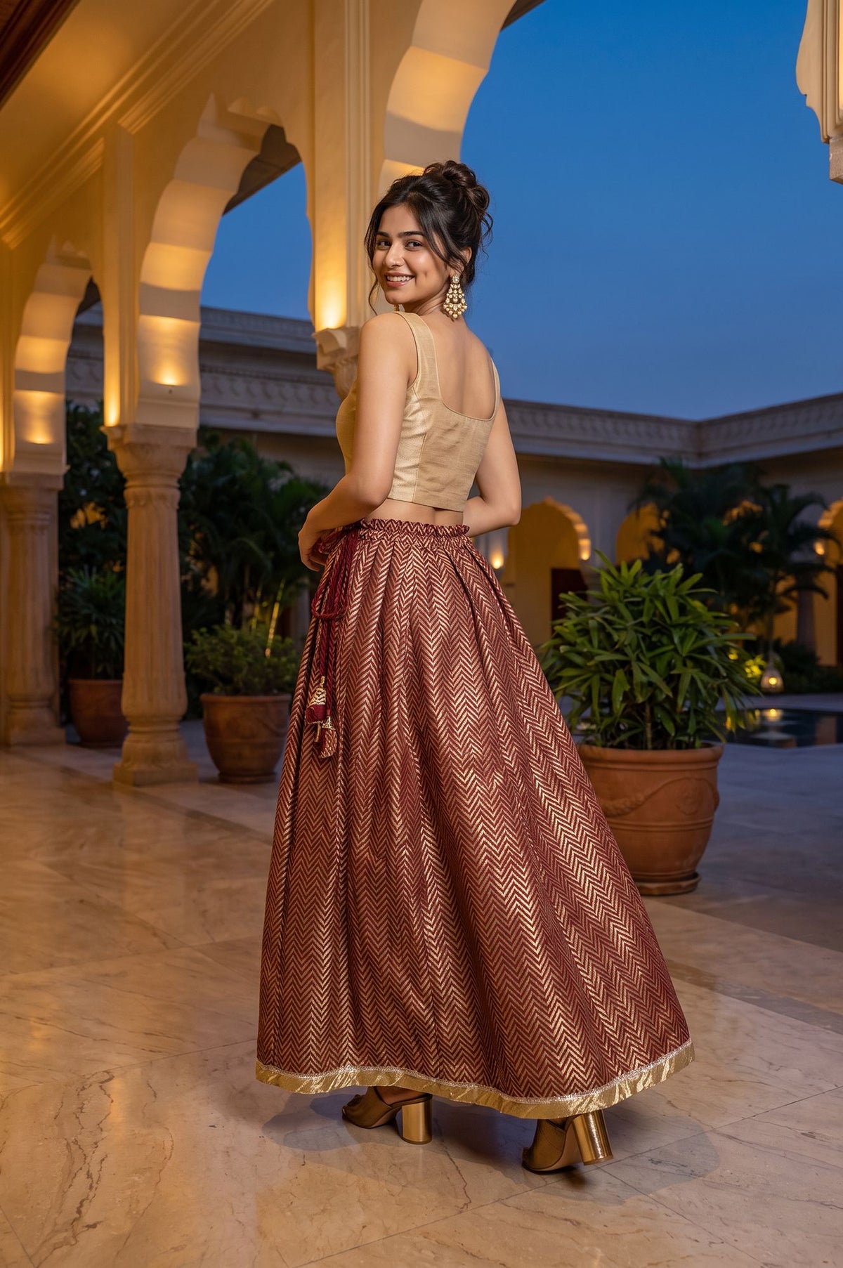 Maroon Foil Printed Flared Ankle Length Skirt