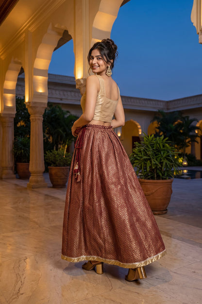 Maroon Foil Printed Flared Ankle Length Skirt