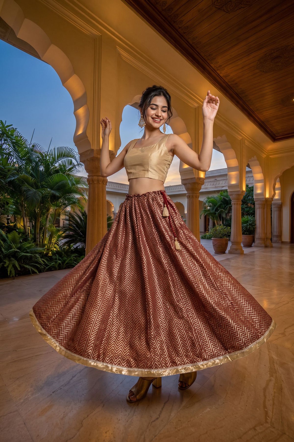 Maroon Foil Printed Flared Ankle Length Skirt
